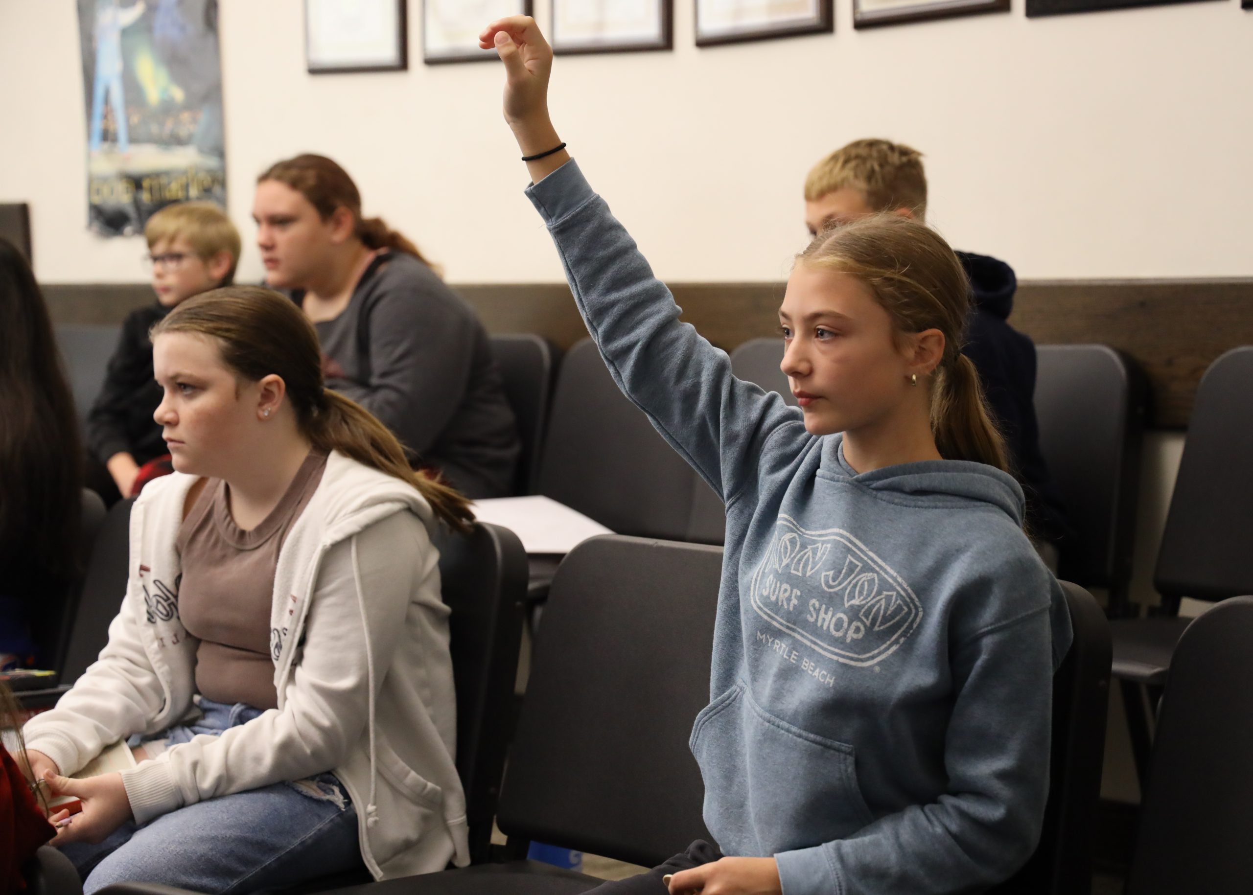 Young girl raises hand in class